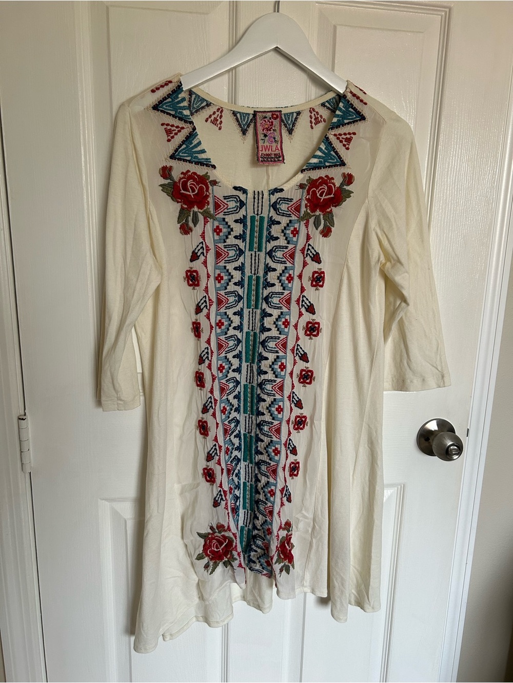 Johnny Was Cream Long Sleeve Embroidered Boho Dress with Red and Teal Accents